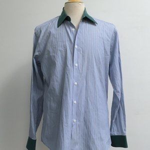 Prada Vintage blue stripe green collar shirt 16 i41